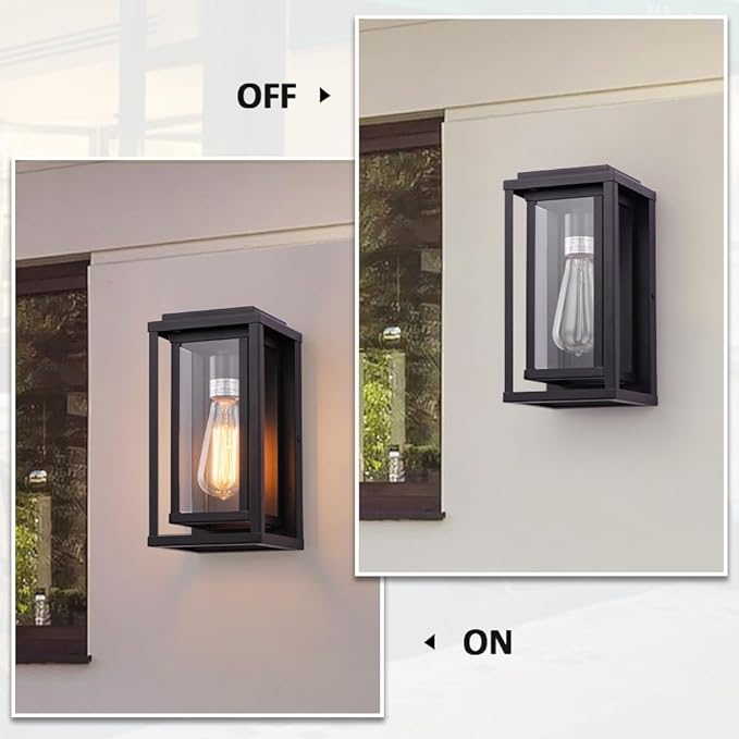 Cerdeco 12” Modern Outdoor Wall Sconce with Rectangular Metal Frame and Transparent Glass Shade,Black Outdoor Lighting for Garage Porch Patio Pack of 2(ETL Listed)