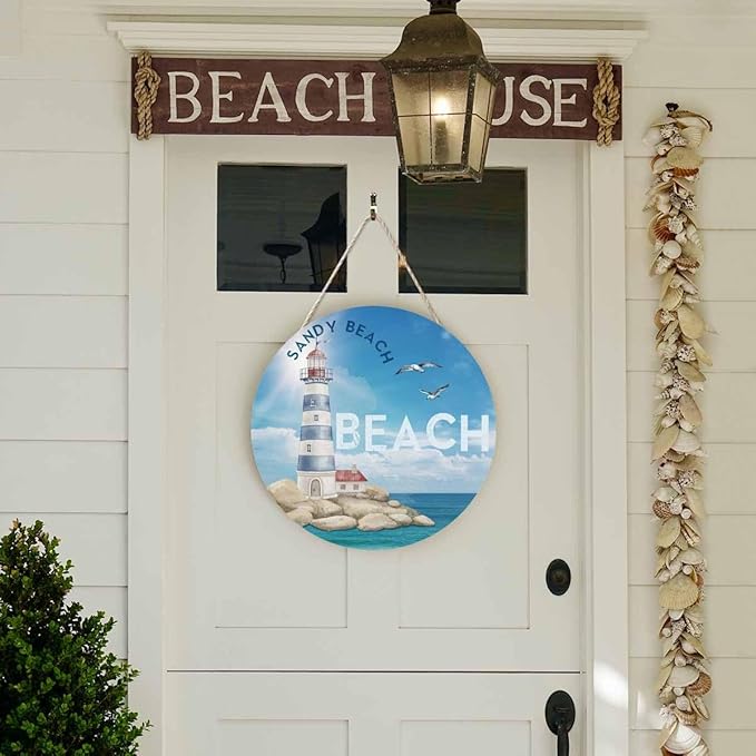 Welcome Sign Wooden Wreath Watercolor Sea Lighthouse for Front Door Wall Window Festival Farmhouse Porch Patio Garden Decor,12in