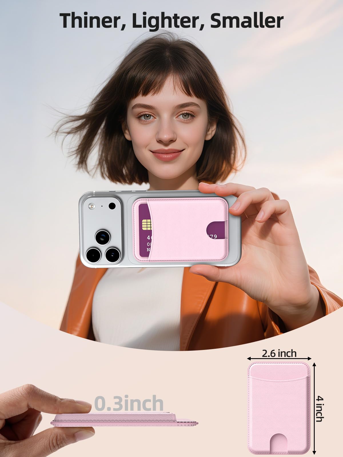 Miroddi for Magsafe Wallet, Magnetic Card Holder for iPhone 17/16/15/14/13/12 Series, Leather Magnet Phone Wallet Fit 4 Cards 3 Cash, Ultra-Thin, RFID Blocking, Light Pink
