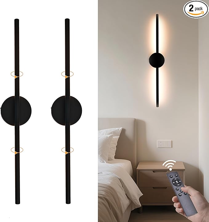 Wireless Wall Sconces Set of 2 Linear，20Inch Battery Operated Wall Lights with Remote Control，360°Rotate Dimmable Wall Lamps for Living Room, Bedroom and Hallway (Black)