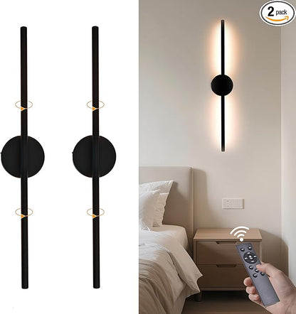 Wireless Wall Sconces Set of 2 Linear，20Inch Battery Operated Wall Lights with Remote Control，360°Rotate Dimmable Wall Lamps for Living Room, Bedroom and Hallway (Black)