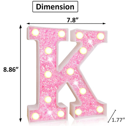 Light Up Letters, Glitter Alphabet Letter Sign Pink LED Marquee Letter Lights Battery Powered for Night Light Girls Bedroom Birthday Party Wedding Home Christmas Decorations Gift for Her-Pink K