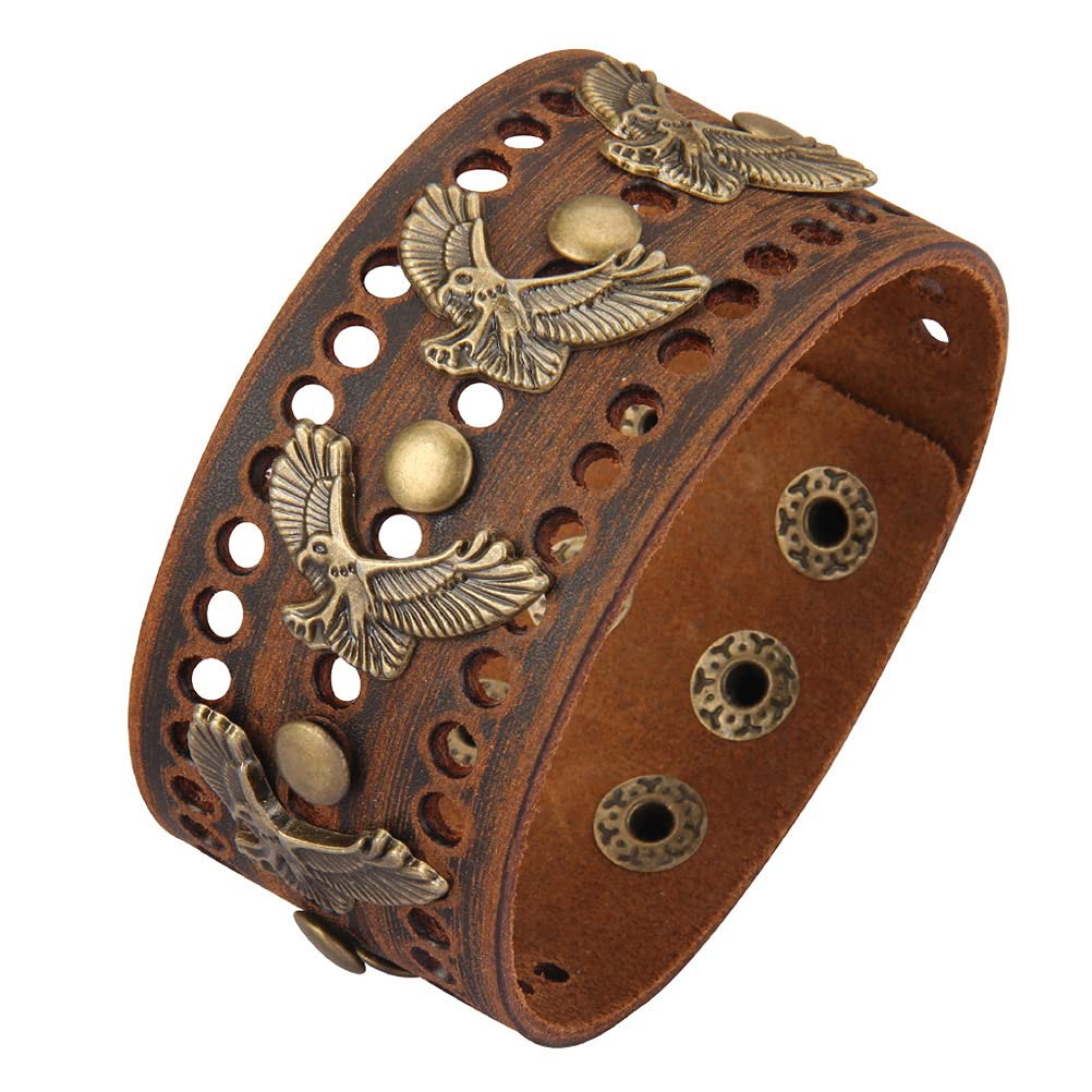 Jeilwiy Brown Leather Bracelet Mens Wide Bracelet Brown Eagle Cuff Bracelet Wrap Bangle Punk Leather Bracelet