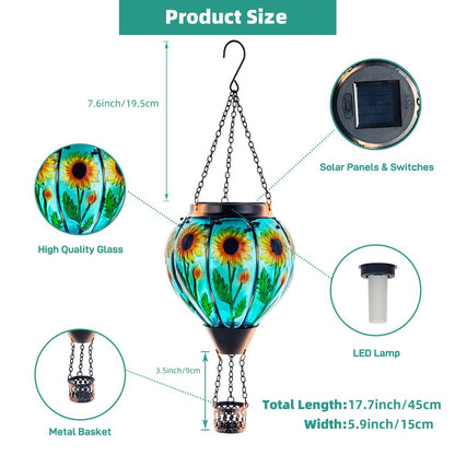Starsoul Sunflower Hot Air Balloon Solar Lantern Glass Outdoor Hot Air Balloon Solar Flickering Flame Light Hanging Solar Lanterns Outdoor Waterproof Garden Patio Yard Party Decor