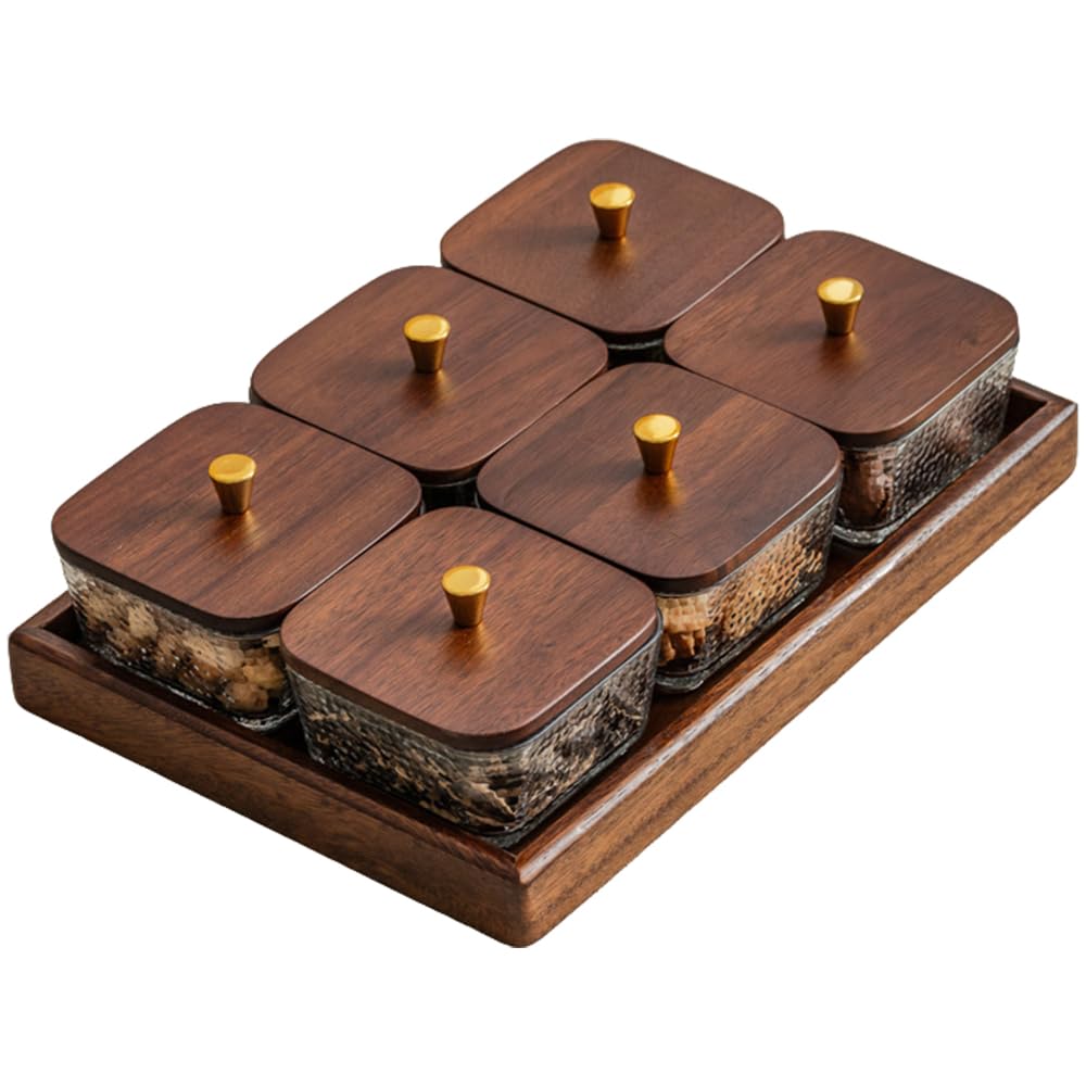 ANQIA Square Glass Snackle Box Container Snack Organizer and Fruit Platter with Walnut Wooden Lids and Tray Divided Serving Tray for Nuts Candy Fruits (6 Jars)