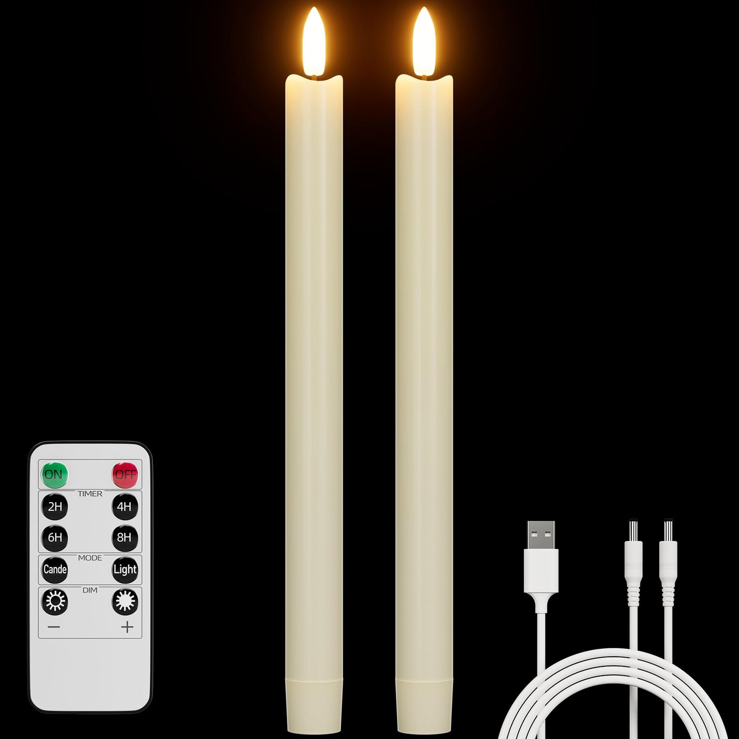 Rechargeable Flameless Taper Candles 2Pcs Real Wax Battery Taper Candles with Remote&Timer LED Candlesticks Flickering Realistic for Christmas Home Wedding Decor Ivory