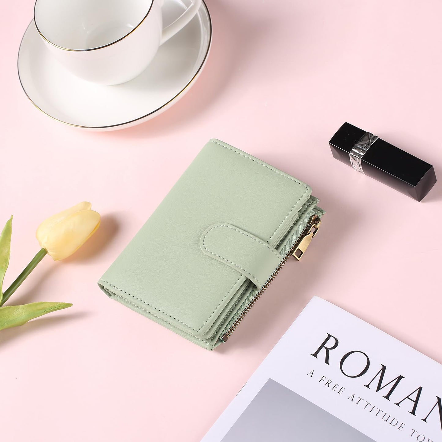 GAEKEAO Small Wallet Women Vegan Leather RFID Blocking Bifold Ladies Compact Card Holder with Zipper Pocket & ID Window