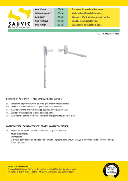 Sauvic White Foldable Wall Clothes Airer, Steel, 54 x 14.5 x 14 cm