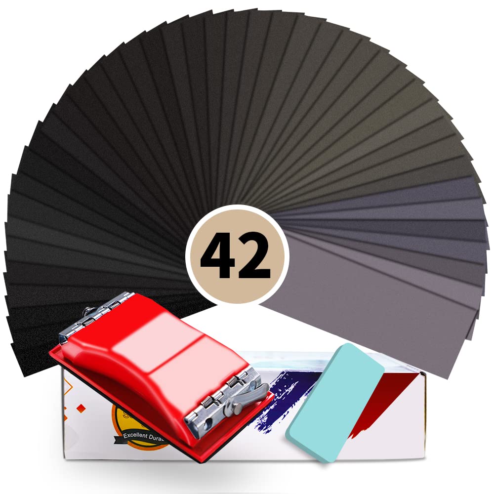 VRKET Wet & Dry Sandpaper Set, 42 Sheets of 120 to 3000 grit Sandpaper with Sanding Block Sander,for Wood Furniture Finishing Metal Automotive Sanding Polishing