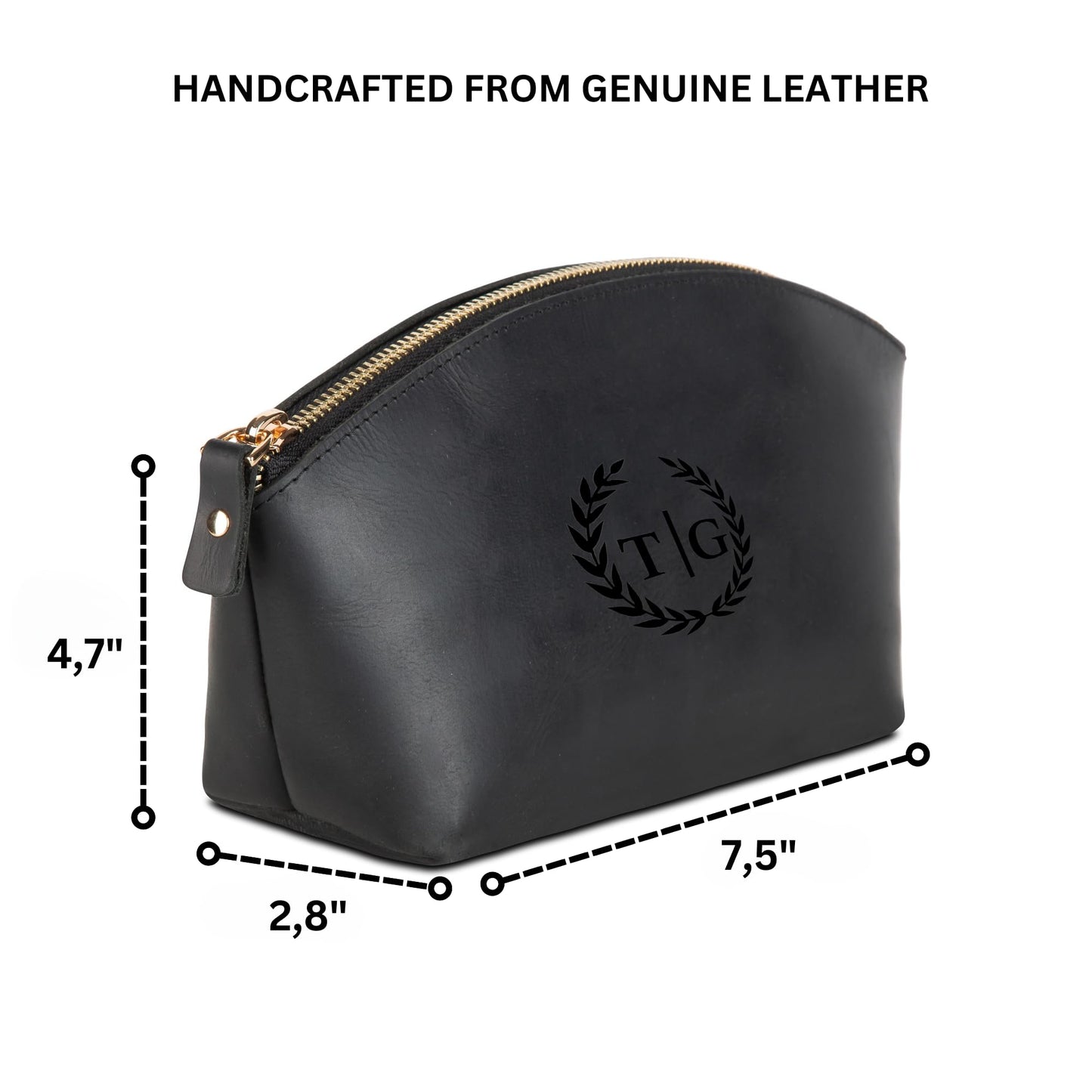 Premium Personalized Genuine Leather Cosmetic Makeup Bag - Wedding Gift for Bridesmaid, Travel Organizer Clutch for Women with Zipper Pouch for Toiletry Essentials (Black)