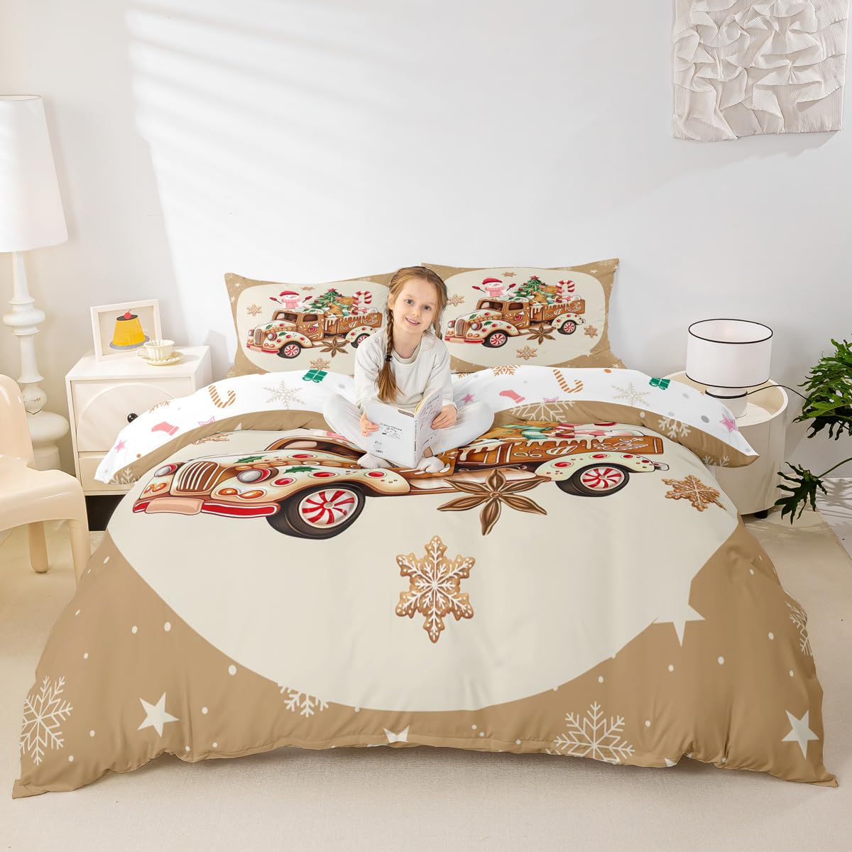 Manfei Gingerbread Truck Duvet Cover Set Queen,Xmas Snowman and Gingerbread Man Bedding Set 2 Pcs for Boys Girls,Cartoon Candy Cream Comforter Cover,Brown Christmas Theme Quilt Cover,Not Comforter