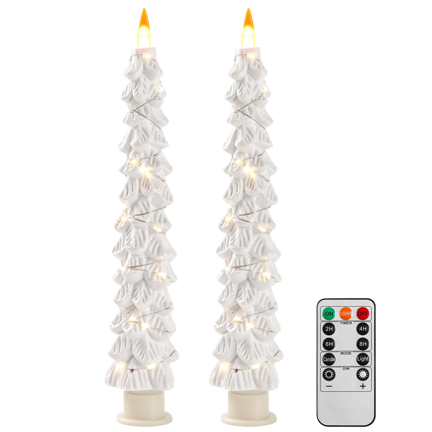 2 Pack White Christmas Tree LED Taper Candles, Flameless Flickering Candles with Copper String Lights, Upgraded Realistic Flame Effect, Battery Operated with Remote for Christmas Home Decoration