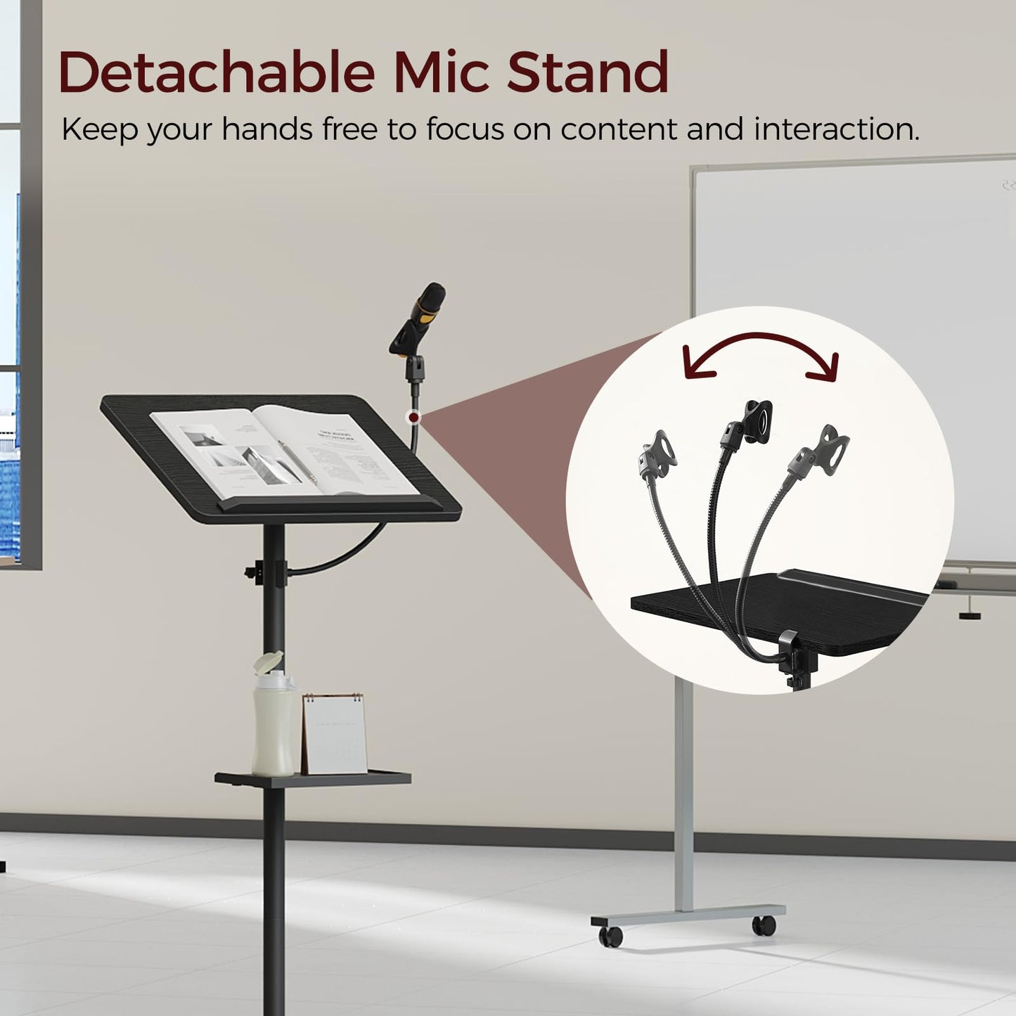 MAHANCRIS Podium Stand with Microphone Stand, Standing Desk and Laptop Desk with Storage Tray, 28.9-42.7 Inch Adjustable Height Portable Lectern for Classroom, Conference Room, Black LPBK4001