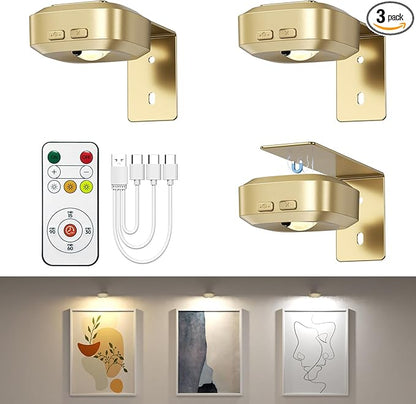 Lightbiz Picture Lights for Wall 3 Pcs, Rechargeable Battery Operated Magnetic Wall Lights with 3 Color Temps, Remote Dimmable Timer Poster Lights for Art Display, Frame, Painting