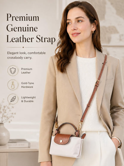 ATSEKTZ Purse Organizer Insert & Leather Strap Conversion Kit Set, Compatible with Longchamp Le Pliage Mini Bag – Felt Inner Liner & Adjustable Shoulder Strap, Beige