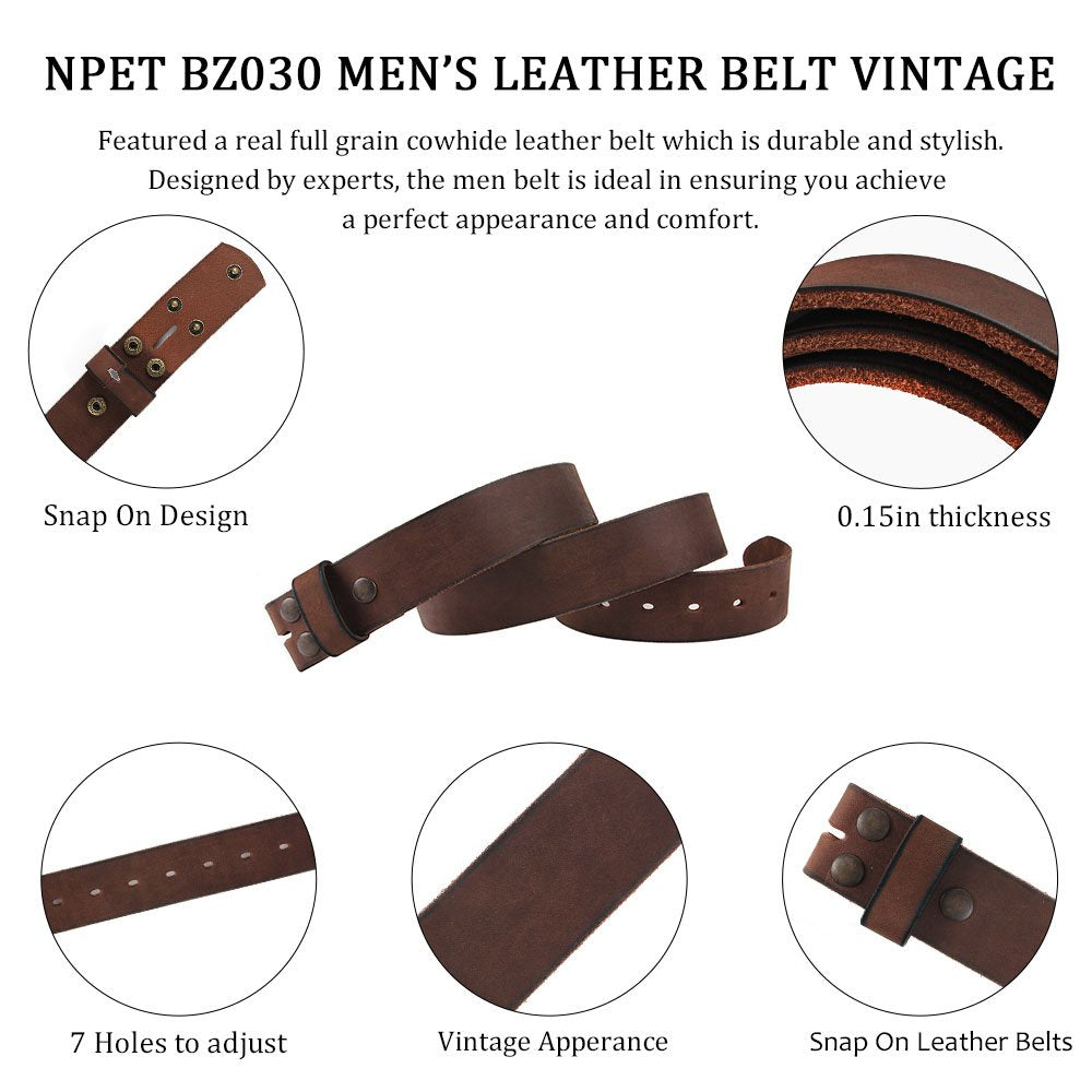 NPET Mens Leather Belt Full Grain Vintage Distressed Style Snap on Strap 1 1/2" Wide Coffee 36"-38"