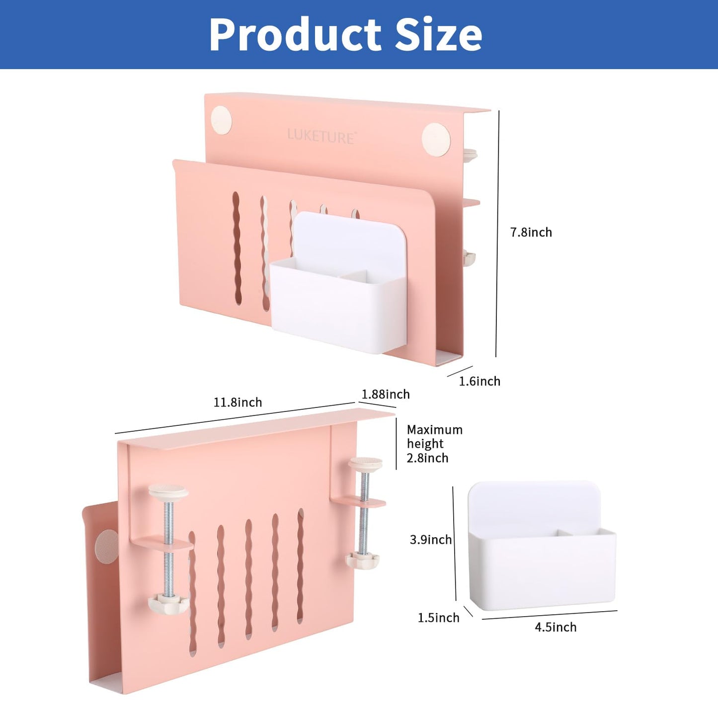 LUKETURE Desk Side Storage, Steel Side Desk Organizer, No Drill Workspace Organizers, Clamp on Computer Desk Accessories, with Magnetic Pen Holder, Fits Flat Edge Tables 0.3" to 2.8"