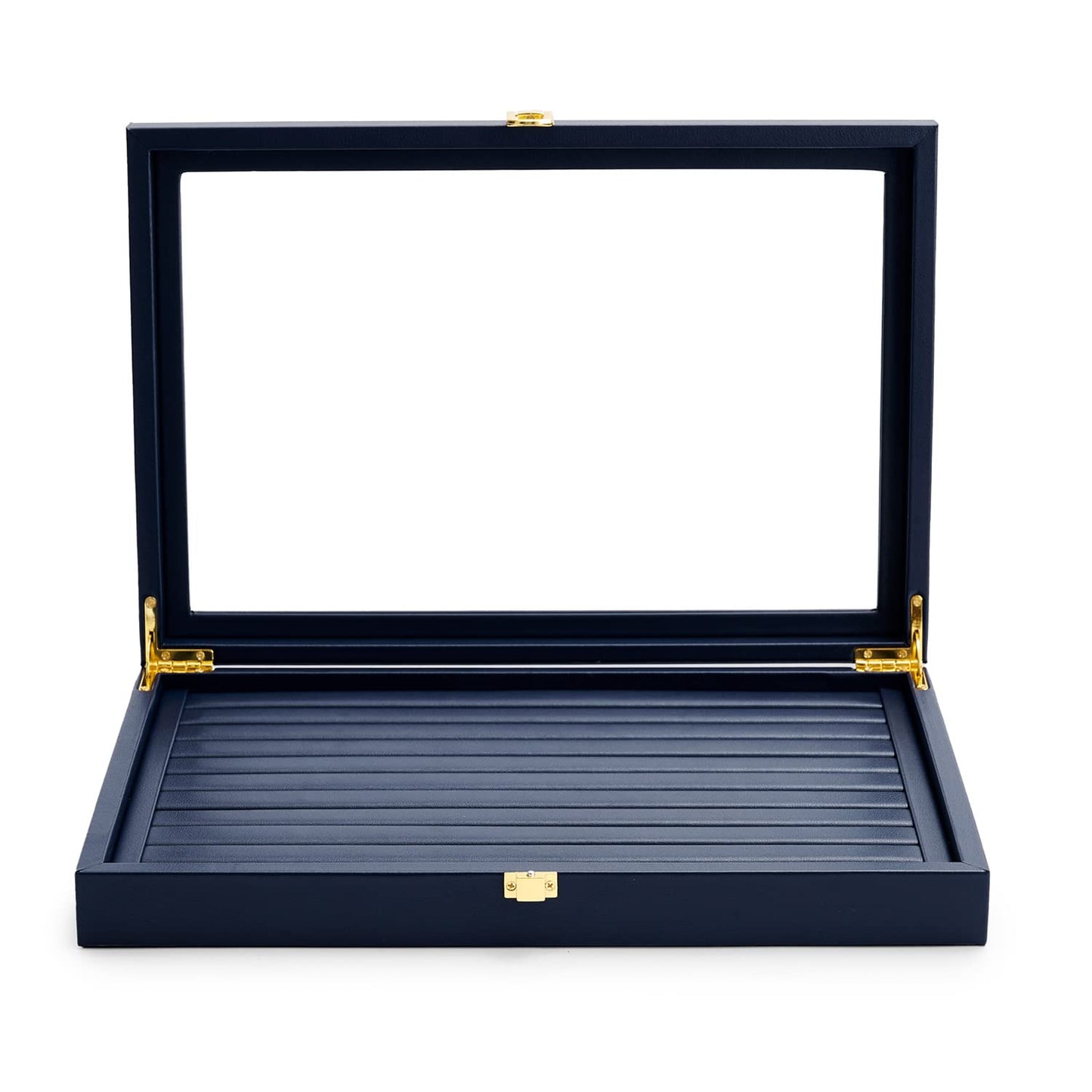 Oirlv Premium Blue Leather Rings Earrings Organizer Tray with Clear Lid Jewelry Display Box with Acrylic Lid Stackable Jewelry Box Drawer Inserts