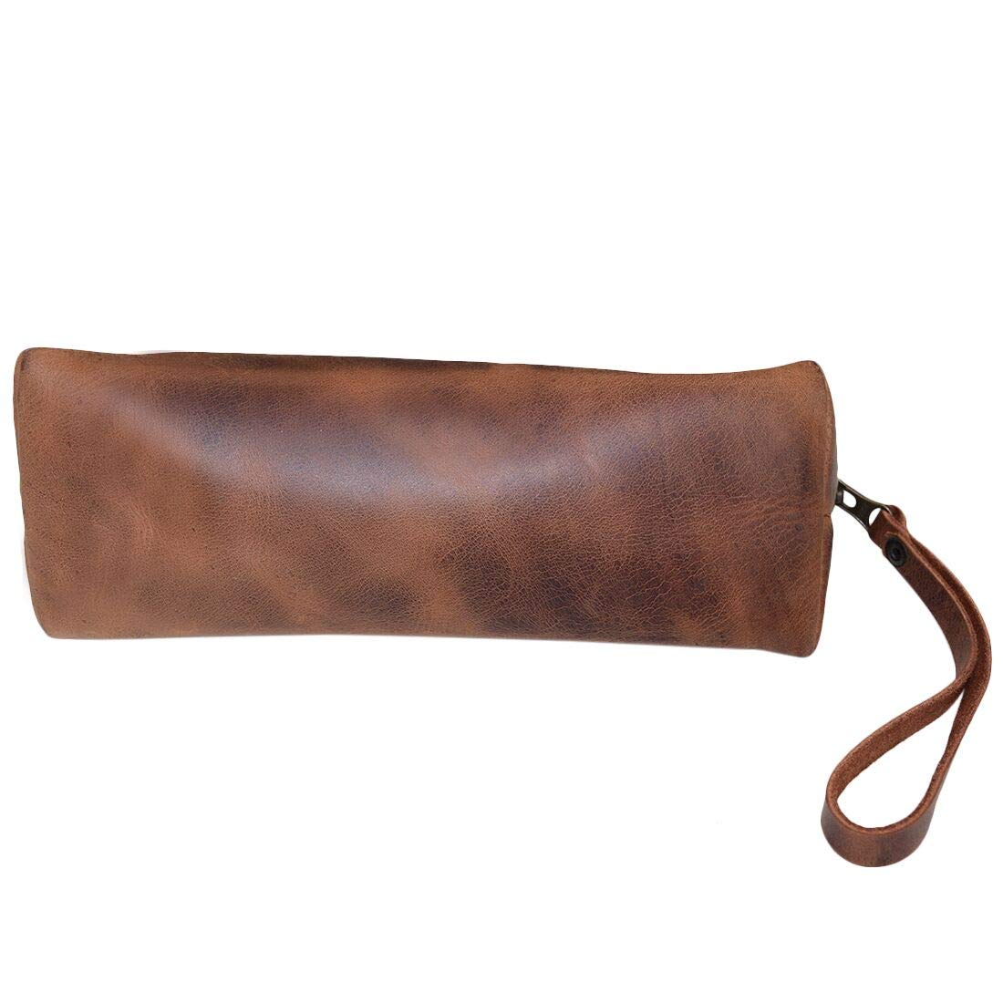 Hide & Drink, Cosmetic Travel Organizer with Hand Strap for Women, Makeup Bag, Classic Handbag, Full Grain Leather, Handmade, Bourbon Brown