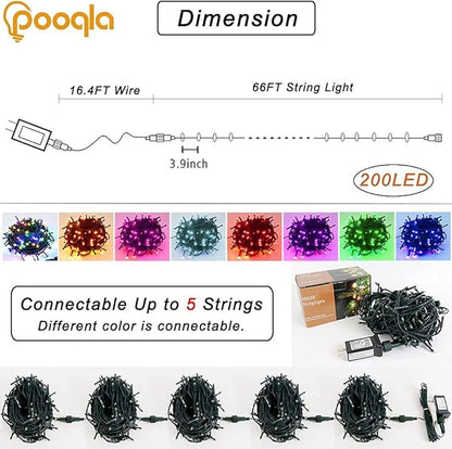 Pooqla Colorful Christmas Lights, 200 LED 66 ft Holiday String Lights for Indoor Outdoor Decoration, 8 Modes Fairy Lights for Home Yard Patio Wedding Party, Red Green Yellow Blue