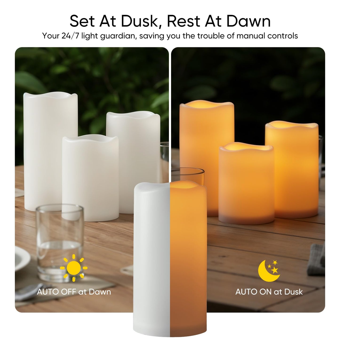 Raycare Outdoor Waterproof Flameless Candles-Auto Light Sensor Dusk to Dawn, Flickering LED Candle, Battery Operated Electric Fake Pillar Candle for Garden, Porch, Patio, Lantern Decor, (D3"xH4"5"6")