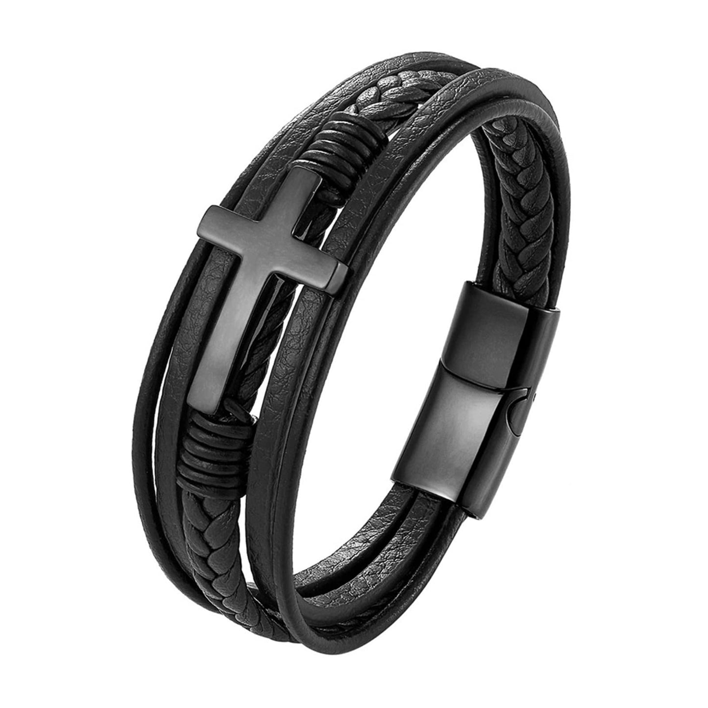 Arcutina Men's Black Leather Multi-Strand Bracelet Casual Brown Braided Bracelet (Multi-layer with Cross, Length 7.5'')