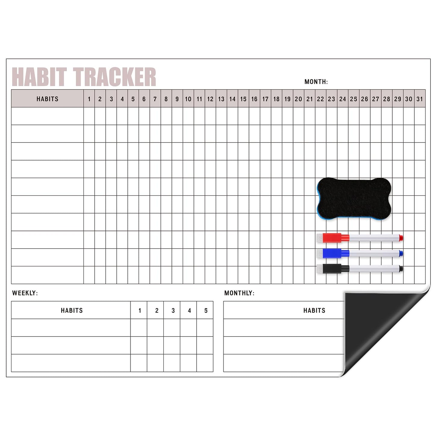 Maitys Habit Tracker for Fridge 12 x 16 Inch Magnetic Workout Tracker Journal Motivation Dry Erase Goal Habit Calendar for Whiteboard with 3 Marker Pens and 1 Eraser