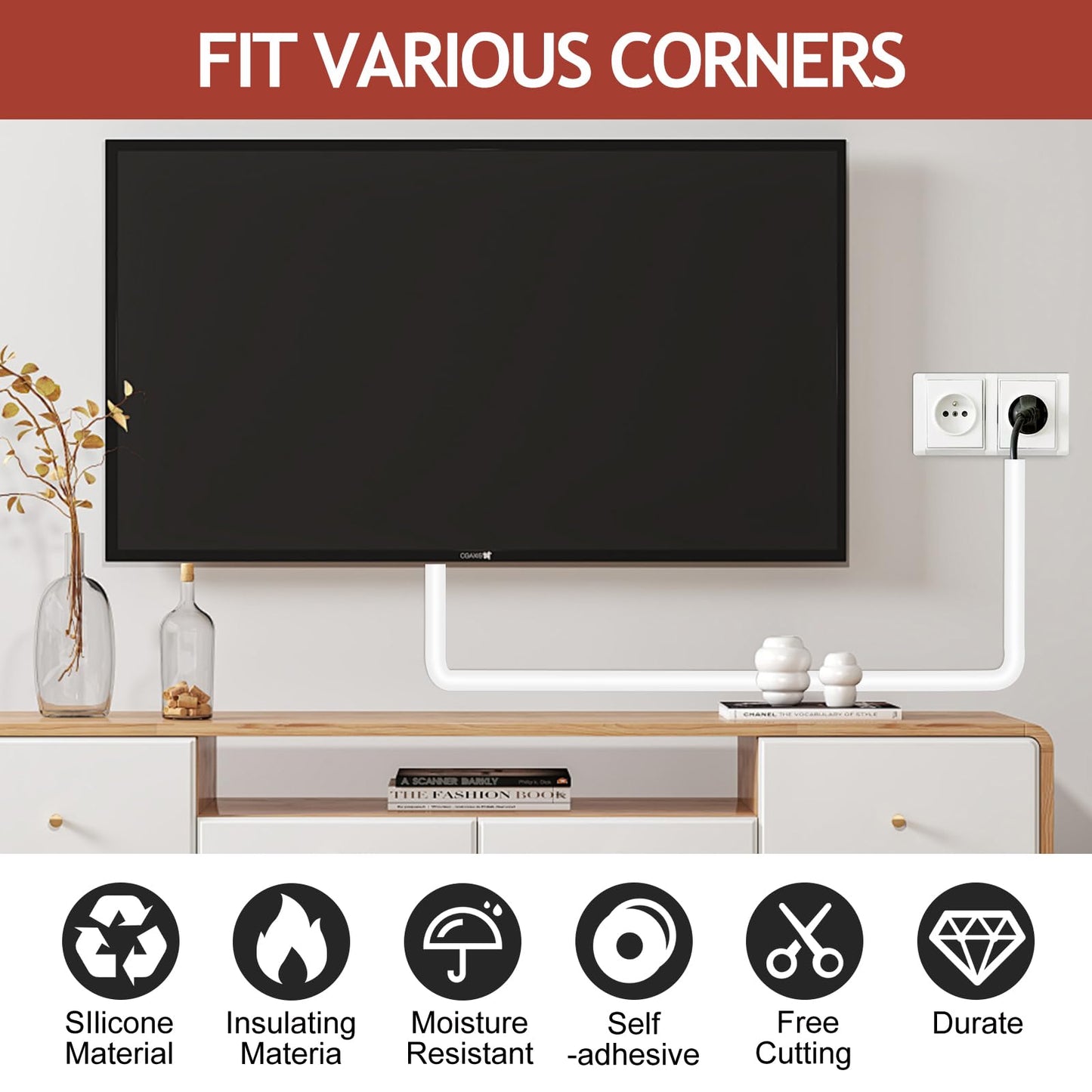 Self-Adhesive Silicone Cable Hider, Flexible Wire Cover Cable Raceway for Wires, Wall Mount TV, Home Audio, Network, Power, and Phone Line Managemen (White-1 Cable, 78inch)