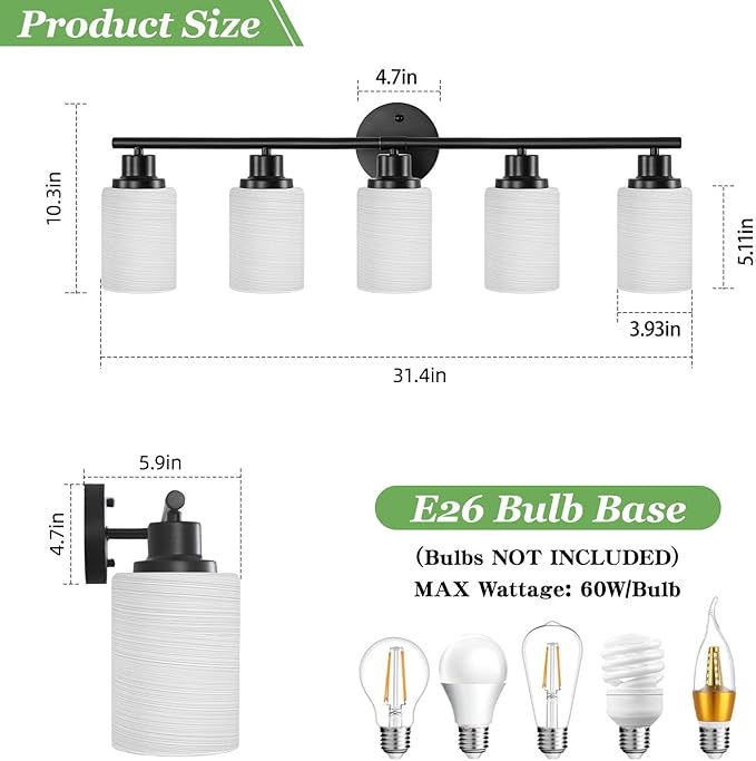 5-Light Bathroom Light Fixtures, E26 Base Vanity Lights for Mirror with Textured Milky White Glass Shade, Modern Kitchen Light Fixtures Wall Sconce Light - Black