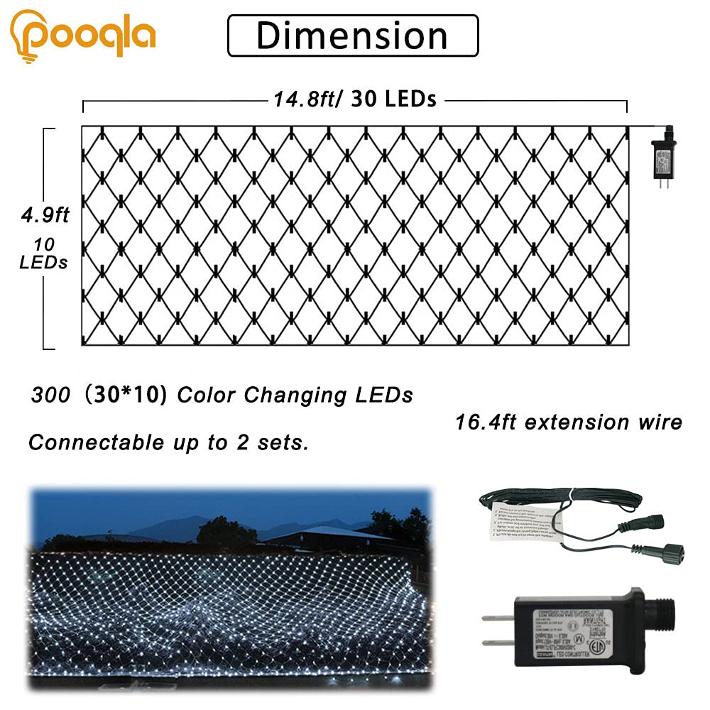 Pooqla Net Lights, 300LED Christmas Outdoor Mesh Light, 14.8x4.9 ft Fairy String Mesh Light 8 Modes Green Wire, Connectable Waterproof Net Lights for Bushes Tree Yard Christmas Decor, Cool White