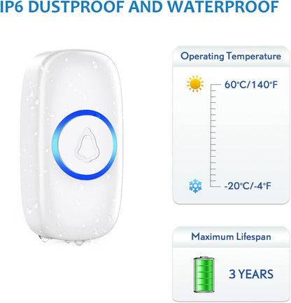 Wireless Doorbell, SECRUI Door bell Over 1000ft Coverage with 2 Plug-In Receivers, 1 Waterproof Push button, 52 Chimes, 110dB loud Sound Colorful LED Flash