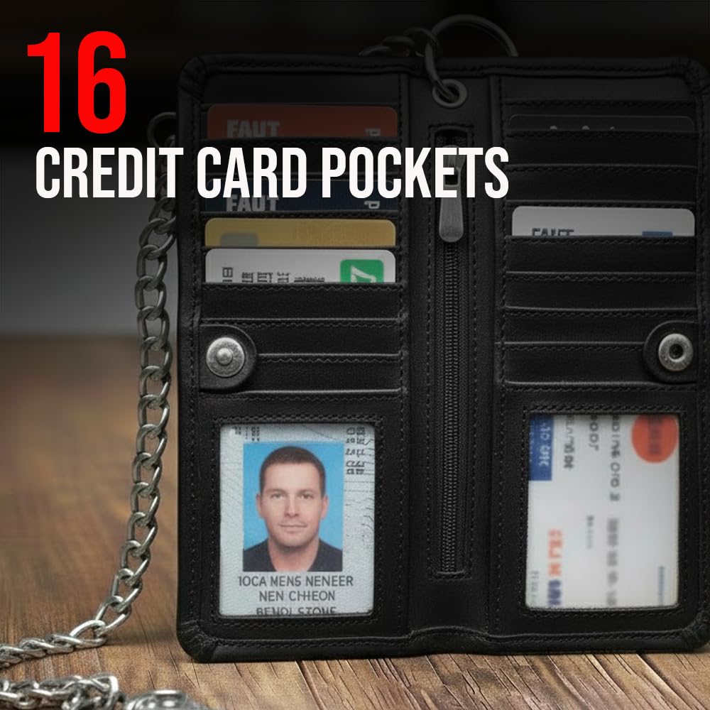 CLASSIC Motorcycle Chain Wallet for Men – Premium Cowhide Leather, RFID Bi-Fold Biker Wallet with Heavy Duty Chain for Bikers Truckers & Hunters, Credit Card Money Organizer Long Wallet Aniline Black