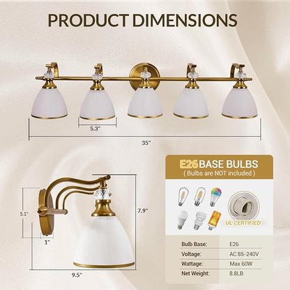 ANDY STAR Gold Bathroom Light Fixture, 5-Light Bathroom Wall Sconces, 35 inch Brass Vanity Light with Milky White Frosted Glass Shade, Large Vintage Wall Lights for Spacious Rooms