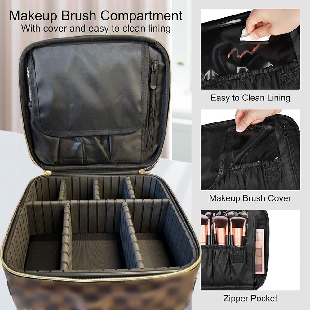WANNES Brown Checkered Makeup Bag Organizer Travel Cosmetic Case with Brush Storage | Large Capacity Makeup & Skin Care Organizer with Adjustable Dividers | Stylish PU Leather Designer Vanity Bag