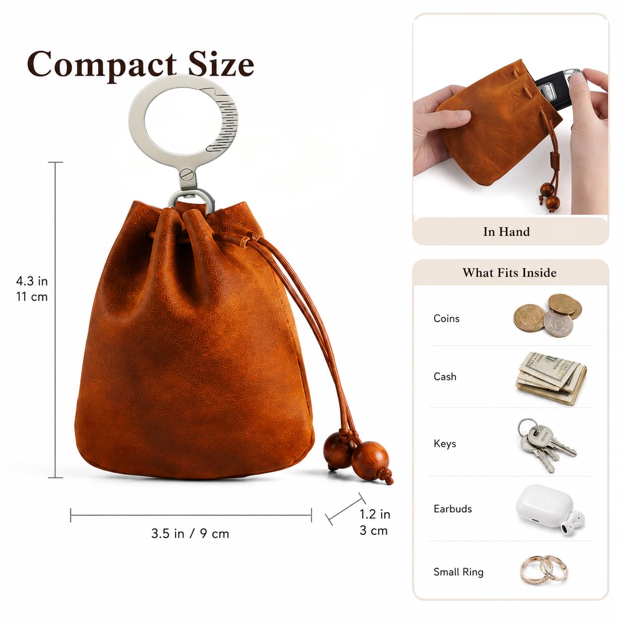 SICOPERT Mini Leather Drawstring Coin Purse with Titanium Alloy Key Ring, Genuine Crazy Horse Leather Small Pouch Keychain Wallet for Coins, Keys, Earbuds, Jewelry, Essentials, Gift for Women and Men