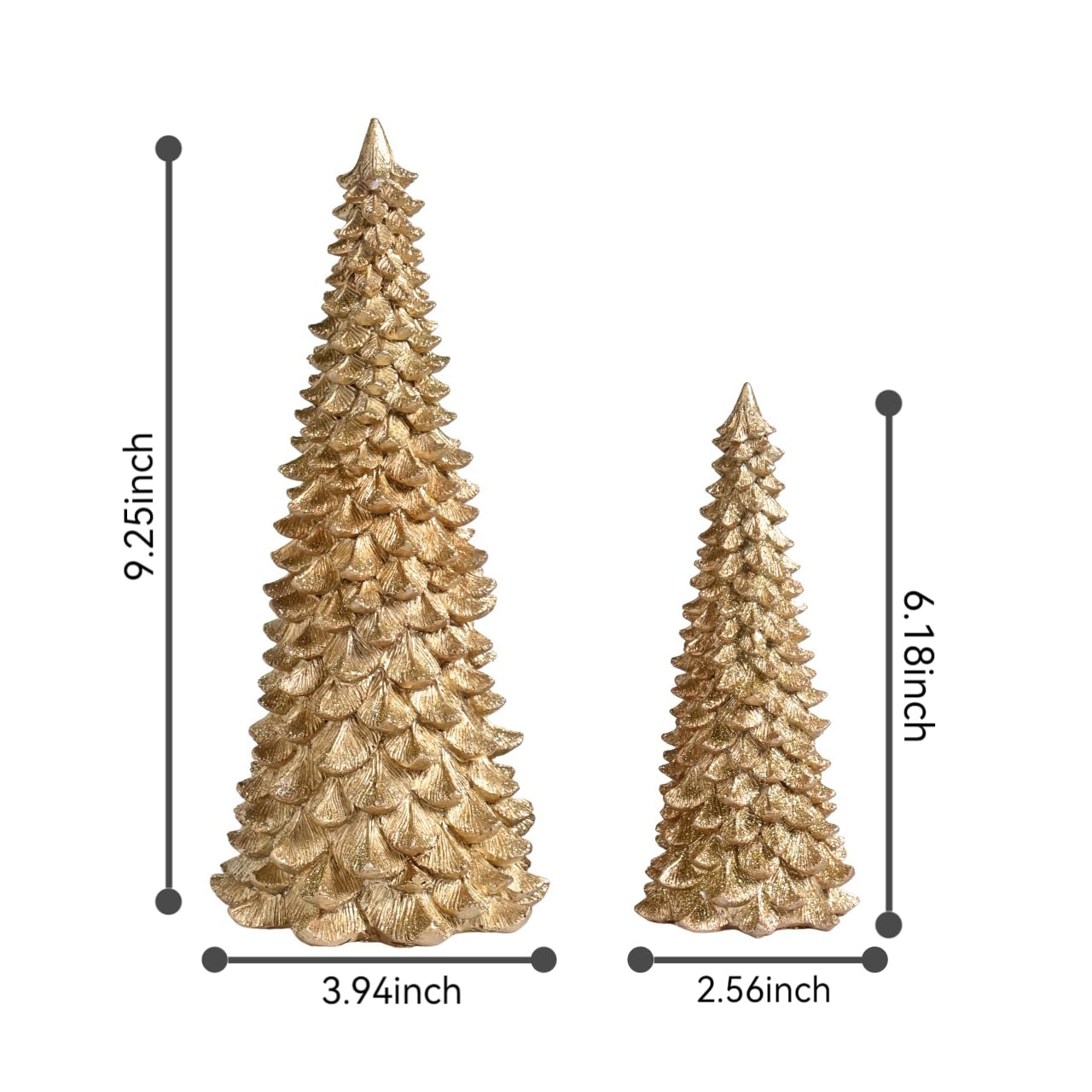 AOMOONOA Gold Christmas Tree Figurines, 2Pcs Resin Glitter Christmas Tree for Tabletop Decoration, Small Christmas Trees Set, Decorative Xmas Trees for Christmas Mantel Indoor Home Decor