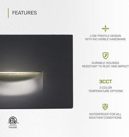 ASD LED Recessed Step Light Fixture, Outdoor & Indoor Stair Tread Lighting | 3CCT, Dimmable, Waterproof, ETL Listed | 3W 120LM 3000K-5000K 120V | Staircase Hardwired Illumination | Black, 12 Pack