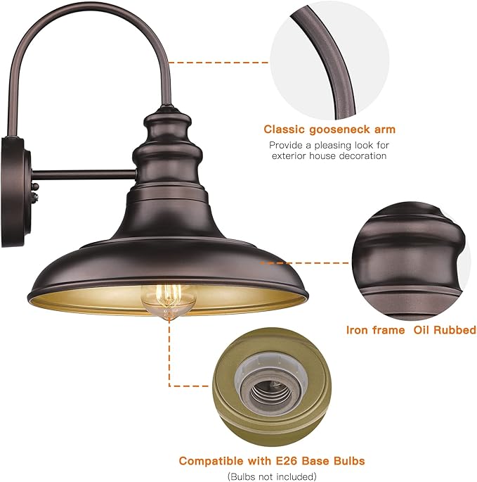 Dusk to Dawn Sensor Outdoor Barn Light Fixture Outdoor Wall Sconce Farmhouse Wall Mount Lights Exterior Gooseneck Light Fixture Bronze Finish Industrial Wall Lantern for Porch, Entryways, 2 Pack