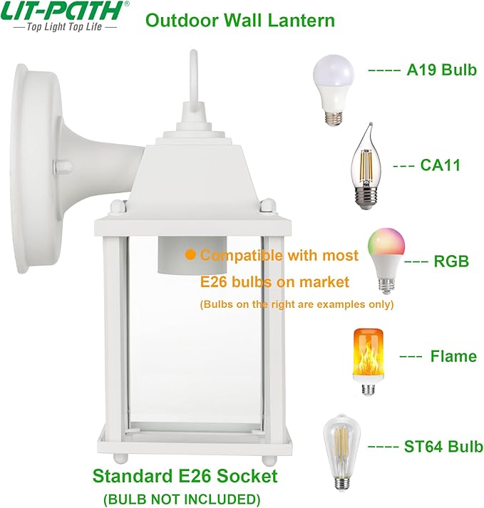 LIT-PaTH Outdoor Wall Lantern, Wall Sconce as Porch Lighting Fixture, E26 Base, Aluminum Housing Plus Glass, Water-Proof and Outdoor Rated, ETL Qualified, 2-Pack, White