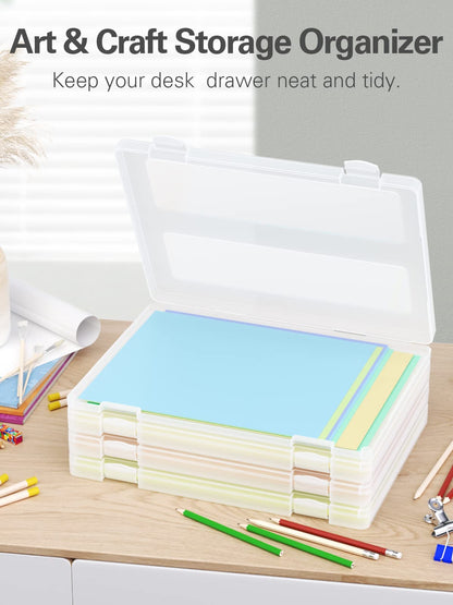 iBune 4-Pack A4 Plastic Paper Organizer Box, Scrapbook Storage for 8.5” x 11” Letter Papers, Portable Document Holder, Photo Storage Box Sticker Art Supplies Organizers, 12.2” x 8.9” x 0.7” Inner Size