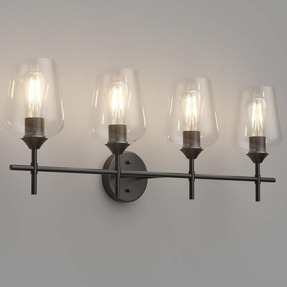 Ralbay Vintage Bathroom Vanity Lighting Fixtures 4-Lights Industrial Matte Black Finish with Clear Glass Vanity Lights Farmhouse Bathroom Vanity Lights Wall Sconce