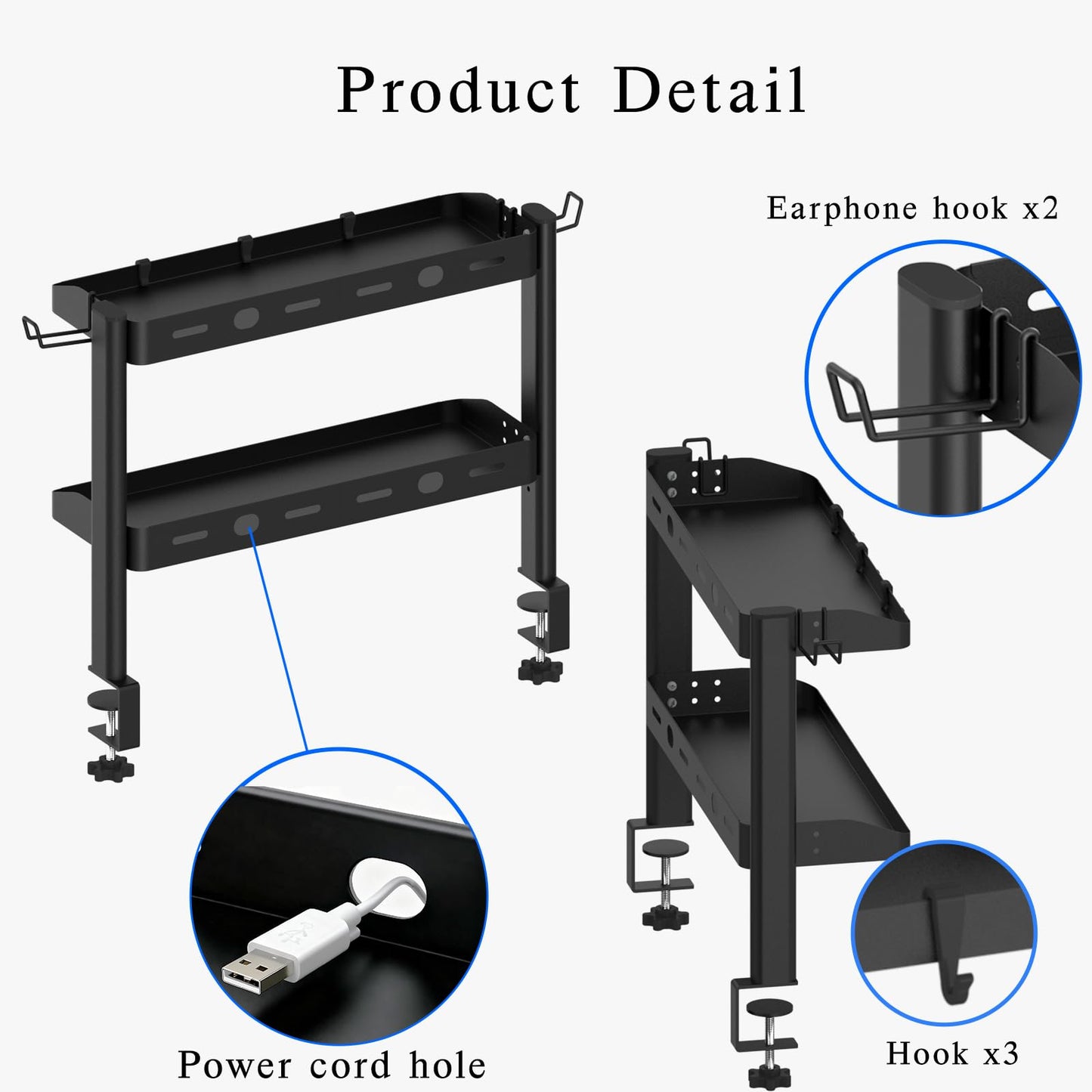 Clamp on Desk Shelf, 17in 2-Tier Office Desk Shelves Organizer, Small Shelf for Top of Desk with Headphone Holder and Hooks, Desktop Storage Rack for Home Workspace, Study Rooms, Gaming Accessories