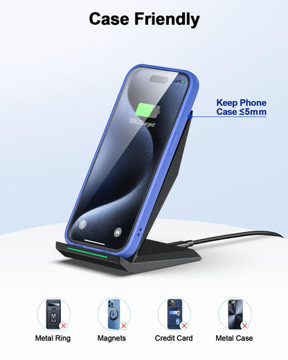 Fast Wireless Charger, NANAMI 15W Qi Certified Wireless Charging Stand Compatible iPhone 17/17 Air/16/15/15 Pro/15 Plus/15 Pro Max/14/13/12, for Samsung Galaxy S25/S24/S23/S22/S21 and Qi-Enabled Phone