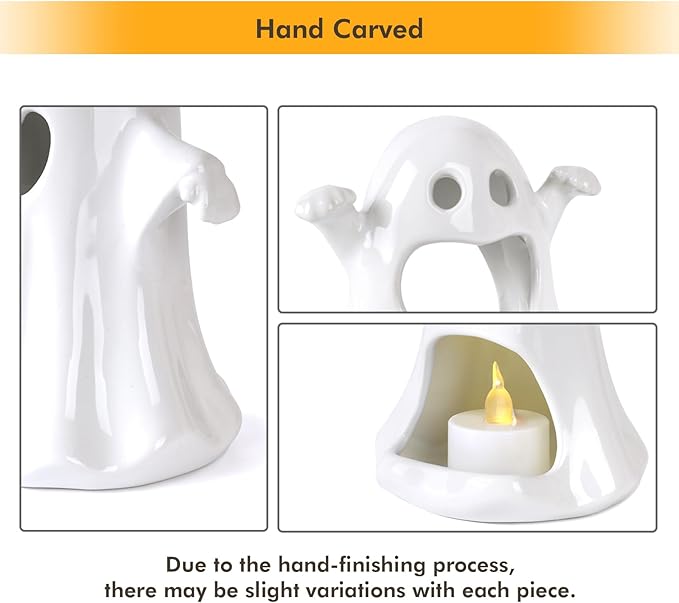 Sunlit Ceramic Ghost with 3 Tea Lights, Spooky Candle Holder Set of 3, Tabletop Indoor Halloween Decorations for Holiday Party Home, Spooky Sculptures Ghost Figurines, White