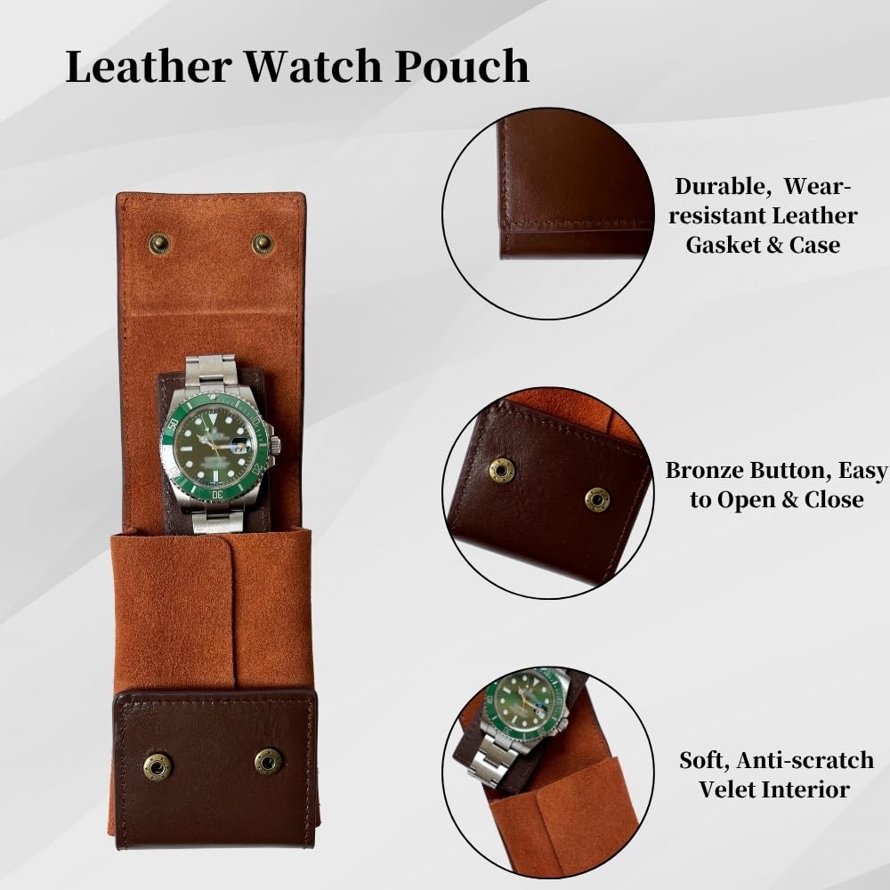 IcyKiwii Leather Watch Case, Watch Travel Pouch, Single Watch Box for men and women, Luxury Watch Organizer, Watch Storage (Brown)