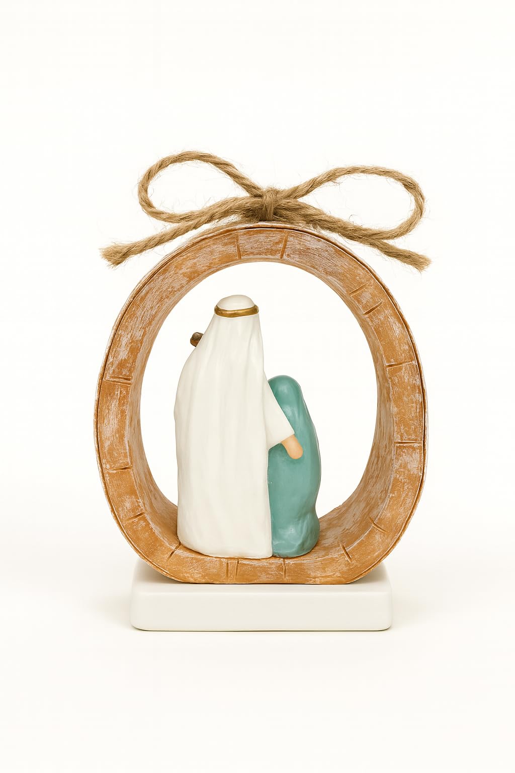 Holy Family Oval Nativity Set Hanging Christmas Ornament, Hand-Painted Resin with Jute Bow, Rustic Faux-Wood Ring, Religious Gift Xmas Tree/Wreath Décor (Nativity Scene)