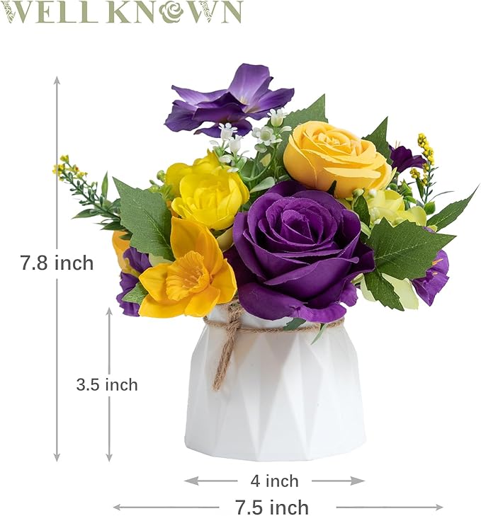 WELL KNOWN Small Fake Flowers in Plastic Vase 7" Centerpieces Coffee Table Decor, Silk Flower Arrangements for Home Decor Indoor Artificial Flower Bouquet for Dining Room Kitchen Wedding Yellow Purple