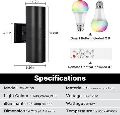 RGBCW Outdoor Wall Light 4 Pack, Smart Porch Light Dusk to Dawn Lighting with Remote Control, WiFi Outdoor Wall Sconce, Compatible with Alexa, Exterior Lights for House Porch Garage
