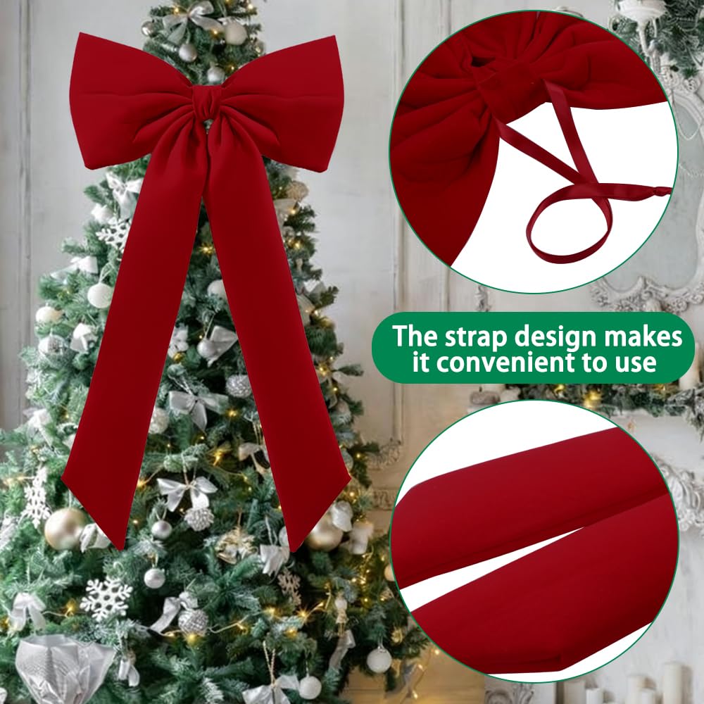 Celltestria Large Christmas Bow Ornament 15x30 Inch Velvet Giant Wreath Bows Xmas Tree Topper Ribbon Hanging Bows for Christmas Holiday Home Wall Outdoor Indoor Party Garland Crafts Decoration(Red)