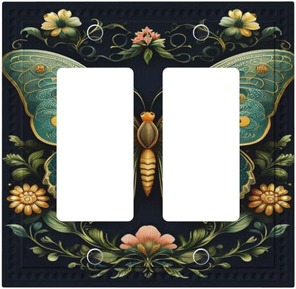 Butterfly Ornate with Flower Dual Outlet Covers Wall Plate 2 Gang Rocker Decora Decorative Switchplate Electrical Faceplate GFCI Light Switch Covers for Farmhouse Living Decor